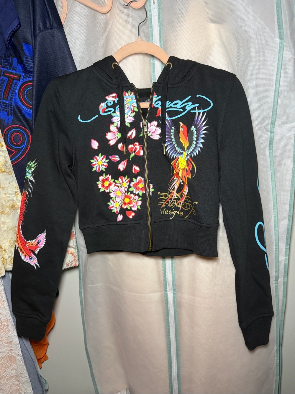 Ed Hardy Black Cropped Zip Hoodie with Colorful Phoenix & Floral Print